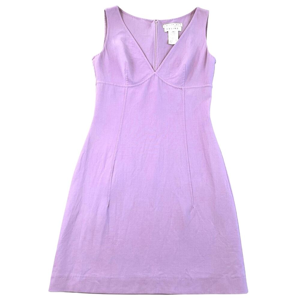 Vintage Celine Purple Wool V-Neck Sheath Dress Made in France FR 36 US XS